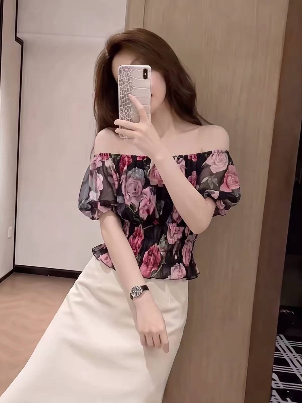 Áo trễ vai tay bồng hoạ tiết | MAYA1009