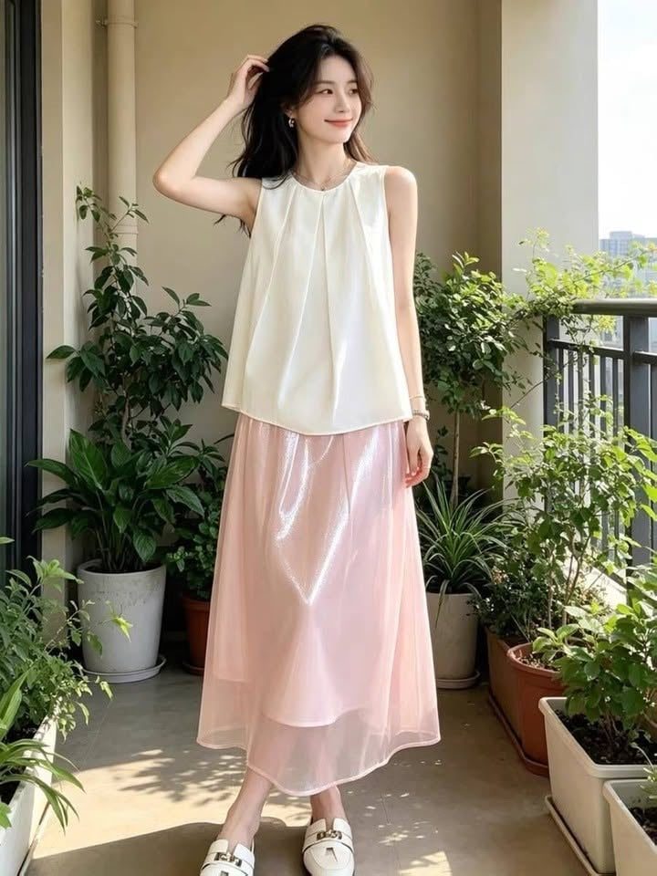 Váy áo trắng chân voan hồng | MAYV1012