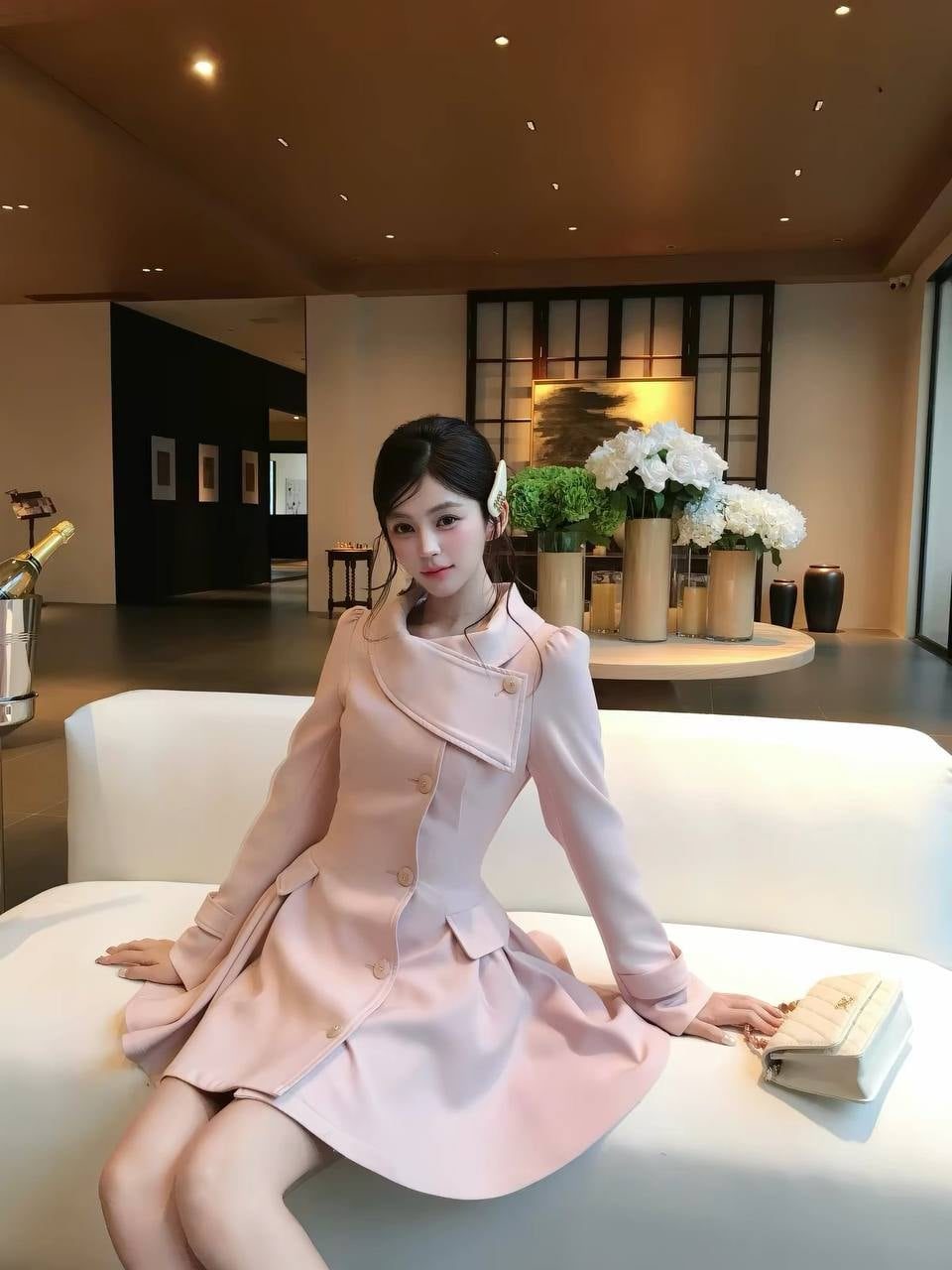 Váy dạ hồng cổ lệch | MAYV1001