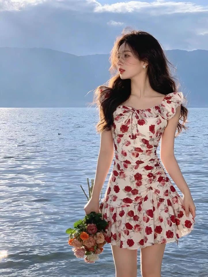 Váy hoa đỏ vai bèo | MAYV1011 - ảnh 2
