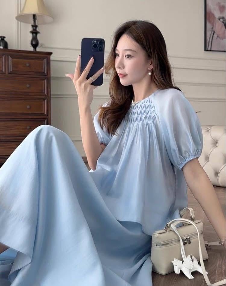 Váy xanh nhún ngực tay bồng | MAYV1016 - ảnh 2