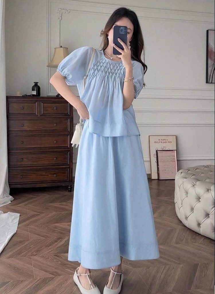Váy xanh nhún ngực tay bồng | MAYV1016 - ảnh 3